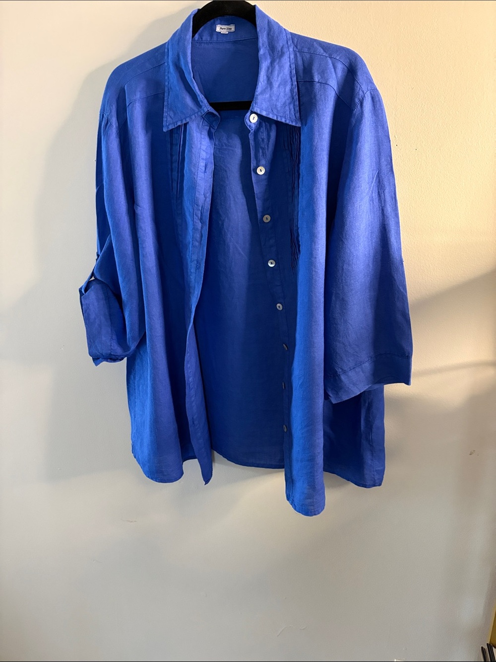 Puro Lino Relaxed Button-Front Blouse Linen in Royal Blue by